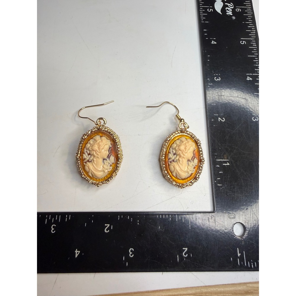 Gold Tone Amber Resin Cameo Drop Earrings Victorian Style Oval Dangle